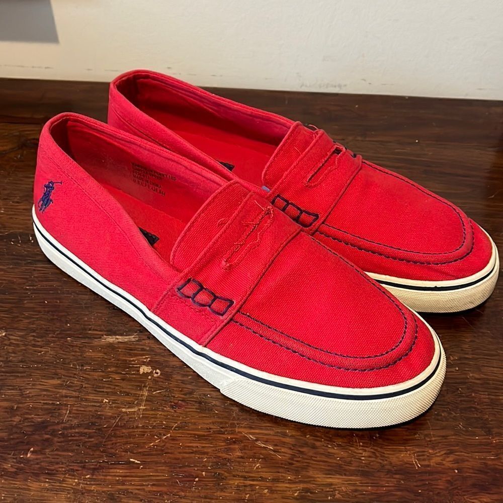 Mens Mansheim Model Polo by Ralph Lauren Cotton Pony Red Loafers slip on shoes